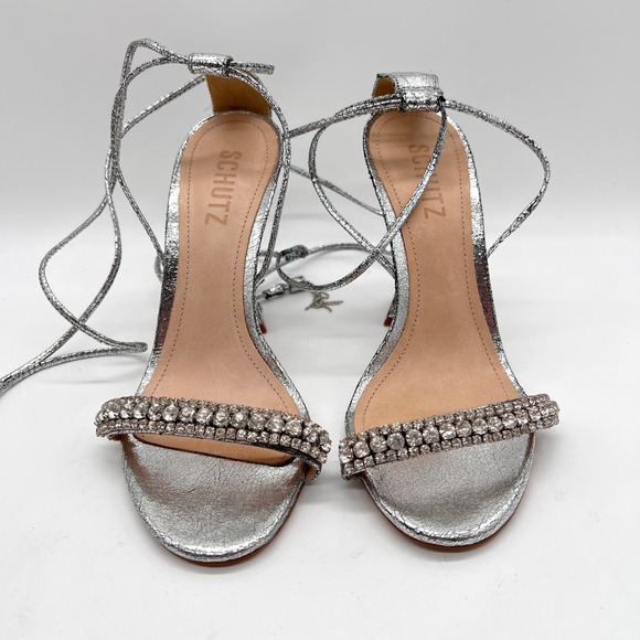 SCHUTZ Bellin Heels Womens 6 Silver Metallic Jeweled Ankle Wrap Strappy Sandal - Picture 2 of 14